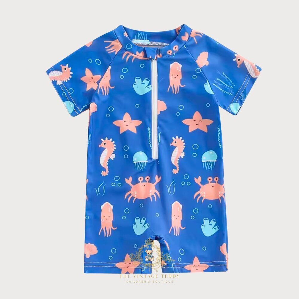 NWT Cute Boys One-Piece Swimsuit Kids Swimwear Boys Beachwear Fishies 3-6M